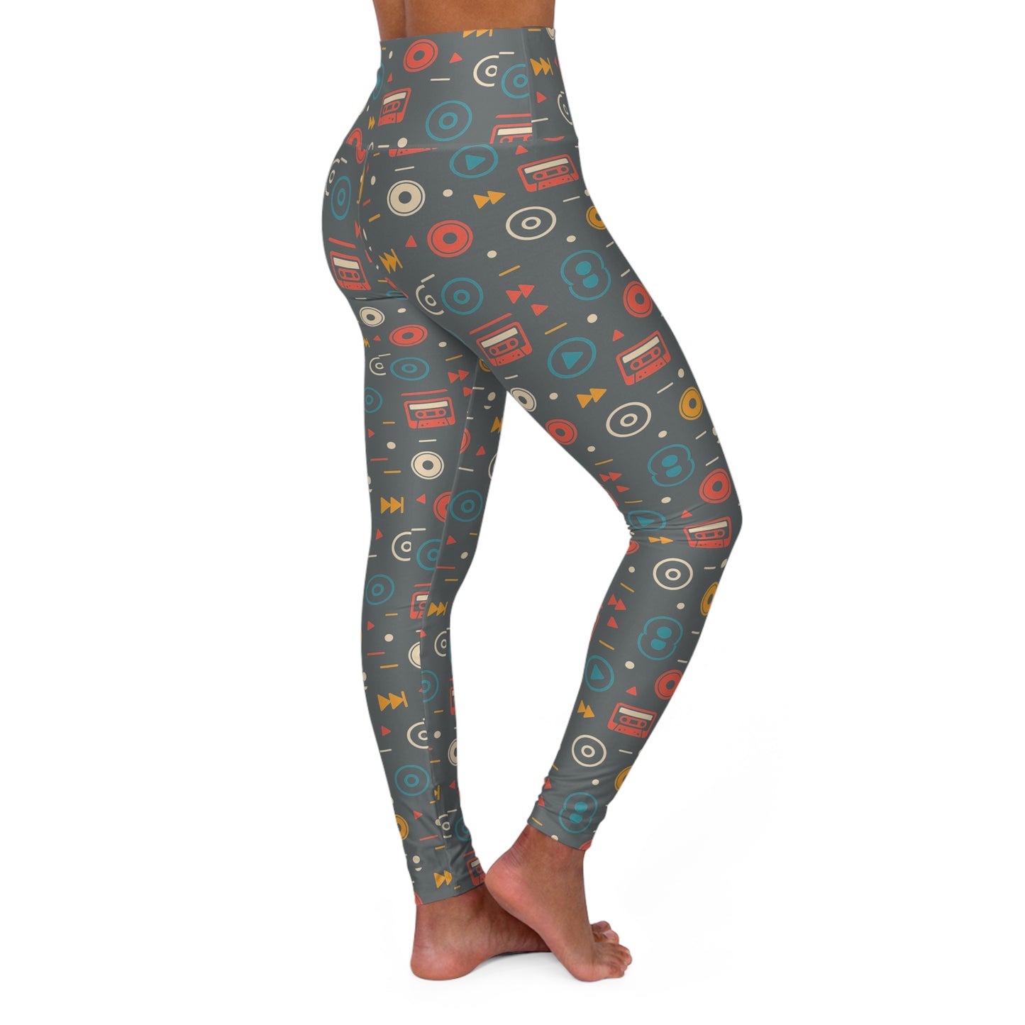Retro Music High Waisted Yoga Leggings, Stylish Workout Leggings, Gift for Music Lovers, Fitness Fashion, Trendy Activewear