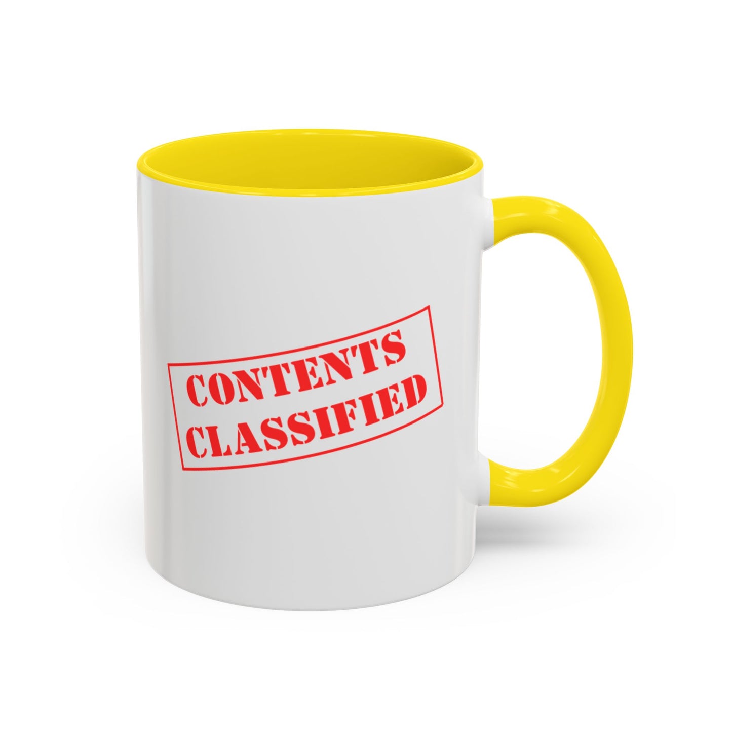 Accent Coffee Mug (11, 15oz) - Contents Classified, Funny, Adult Humor, Coffee or Liquor