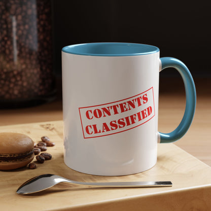 Accent Coffee Mug (11, 15oz) - Contents Classified, Funny, Adult Humor, Coffee or Liquor