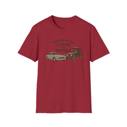 Personalized Classic Antique Car Tee – Vintage Car Graphic with Model Year Customization, "Somewhere Between Classic and Antique" Car T-Shirt – Personalized Model Year Custom Back