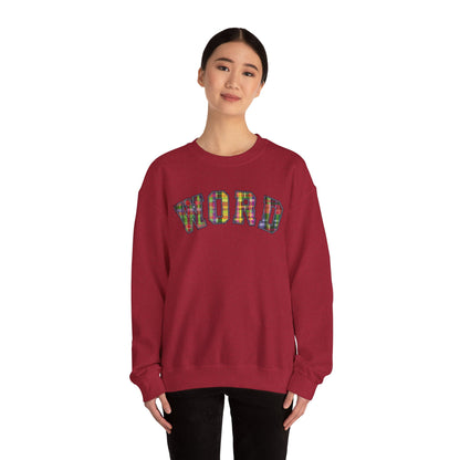 Colorful Word Sweatshirt, Cozy Graphic Pullover, Unisex Crewneck, Perfect for Casual Wear, Gift Idea for Friends, Back to School