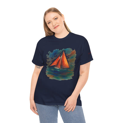 Galway Hooker, Painted Skies, Unisex Heavy Cotton Tee, Nautical Shirt, Ocean Lover Gift, Boating Apparel, Galway Bay Tee, Summer Fashion