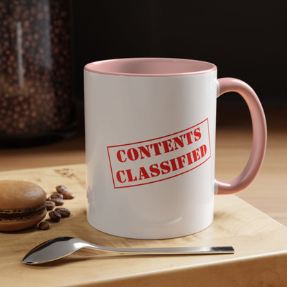 Accent Coffee Mug (11, 15oz) - Contents Classified, Funny, Adult Humor, Coffee or Liquor