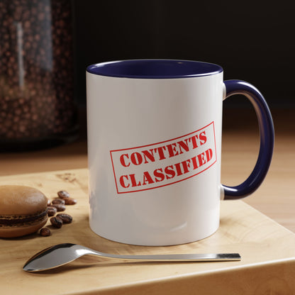 Accent Coffee Mug (11, 15oz) - Contents Classified, Funny, Adult Humor, Coffee or Liquor