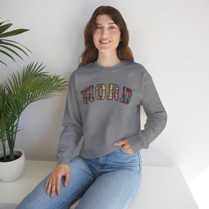 Colorful Word Sweatshirt, Cozy Graphic Pullover, Unisex Crewneck, Perfect for Casual Wear, Gift Idea for Friends, Back to School