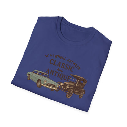 Personalized Classic Antique Car Tee – Vintage Car Graphic with Model Year Customization, "Somewhere Between Classic and Antique" Car T-Shirt – Personalized Model Year Custom Back