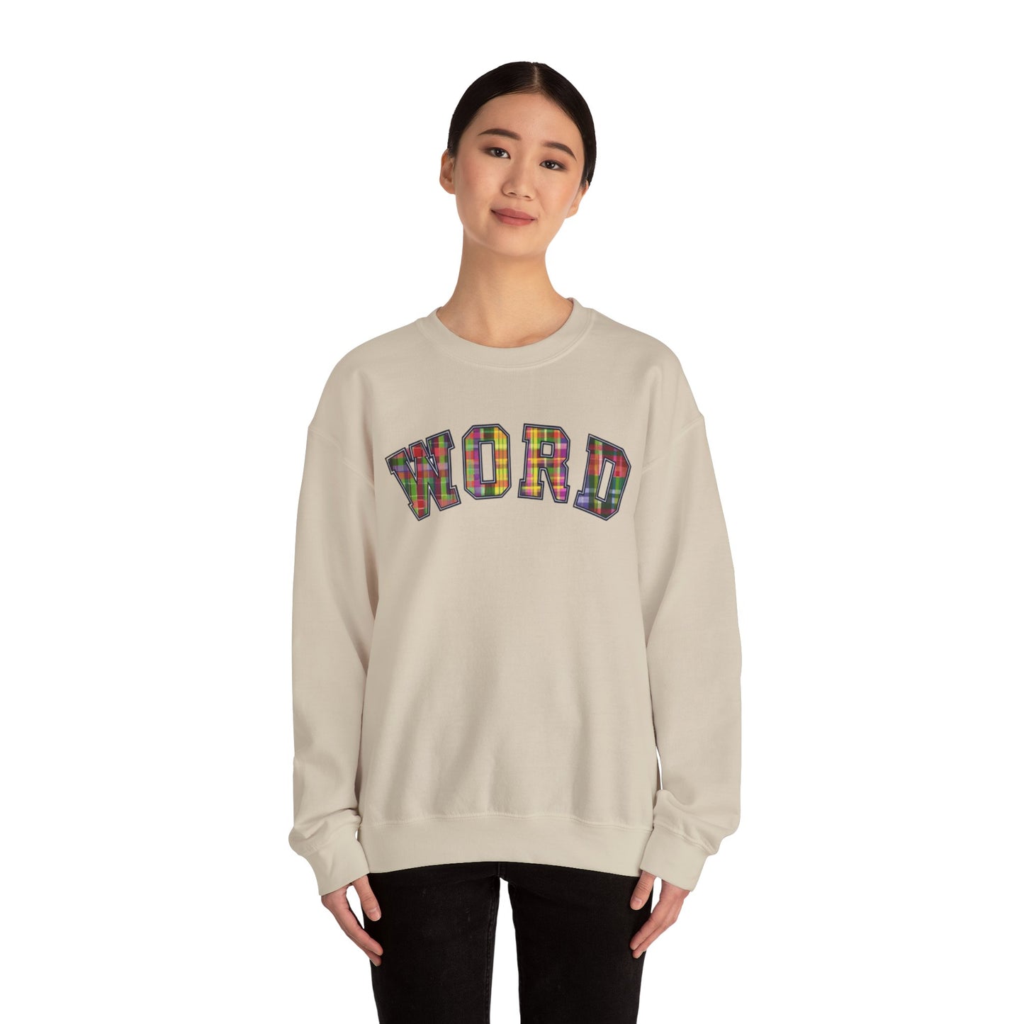 Colorful Word Sweatshirt, Cozy Graphic Pullover, Unisex Crewneck, Perfect for Casual Wear, Gift Idea for Friends, Back to School