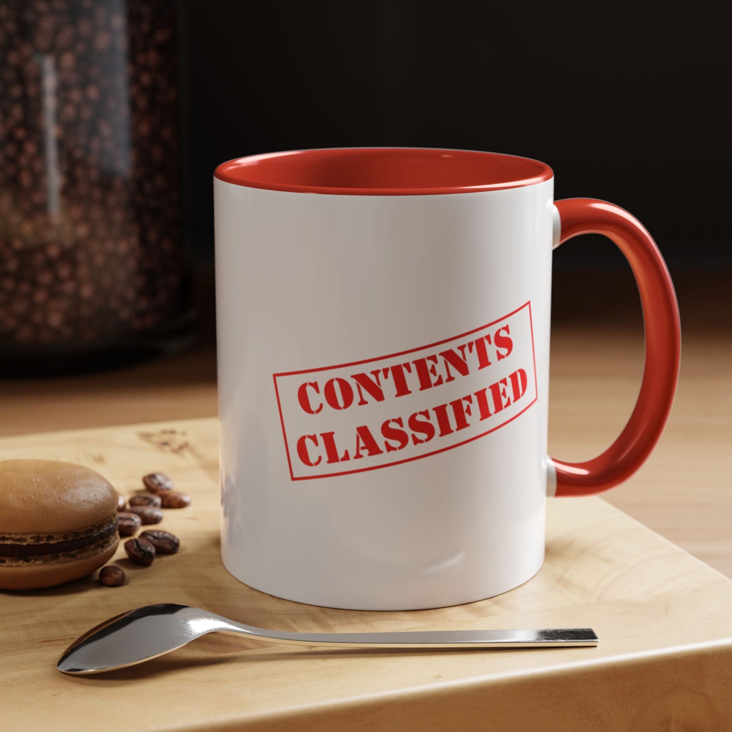 Accent Coffee Mug (11, 15oz) - Contents Classified, Funny, Adult Humor, Coffee or Liquor