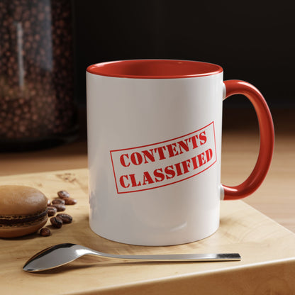 Accent Coffee Mug (11, 15oz) - Contents Classified, Funny, Adult Humor, Coffee or Liquor