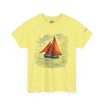 Galway Hooker, Painted Skies, Unisex Heavy Cotton Tee, Nautical Shirt, Ocean Lover Gift, Boating Apparel, Galway Bay Tee, Summer Fashion