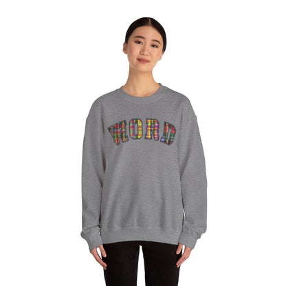 Colorful Word Sweatshirt, Cozy Graphic Pullover, Unisex Crewneck, Perfect for Casual Wear, Gift Idea for Friends, Back to School