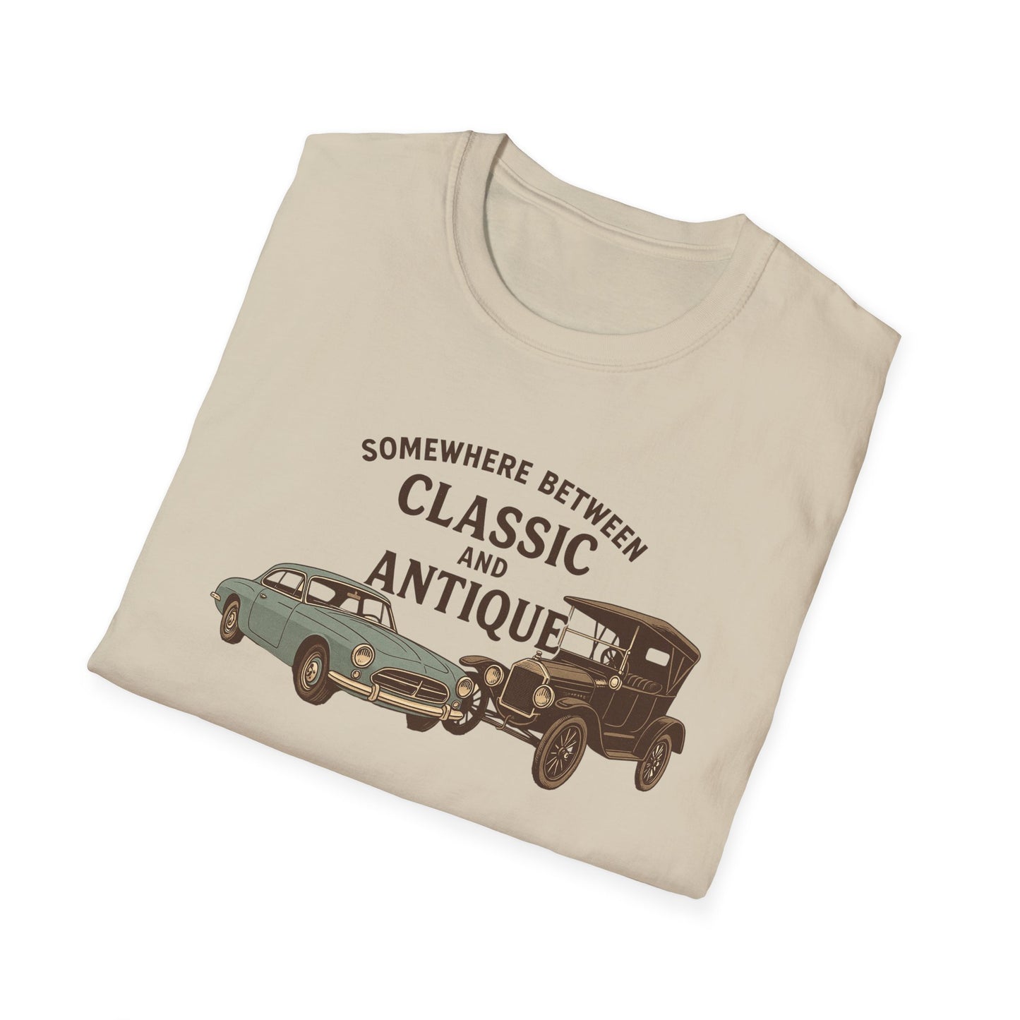 Personalized Classic Antique Car Tee – Vintage Car Graphic with Model Year Customization, "Somewhere Between Classic and Antique" Car T-Shirt – Personalized Model Year Custom Back