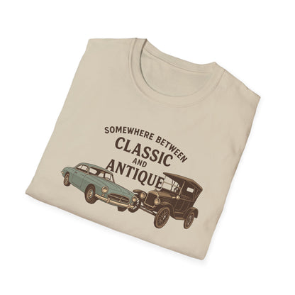 Personalized Classic Antique Car Tee – Vintage Car Graphic with Model Year Customization, "Somewhere Between Classic and Antique" Car T-Shirt – Personalized Model Year Custom Back