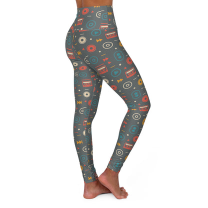 Retro Music High Waisted Yoga Leggings, Stylish Workout Leggings, Gift for Music Lovers, Fitness Fashion, Trendy Activewear