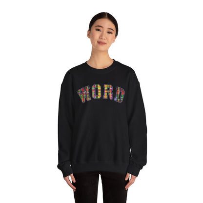 Colorful Word Sweatshirt, Cozy Graphic Pullover, Unisex Crewneck, Perfect for Casual Wear, Gift Idea for Friends, Back to School