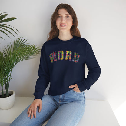 Colorful Word Sweatshirt, Cozy Graphic Pullover, Unisex Crewneck, Perfect for Casual Wear, Gift Idea for Friends, Back to School