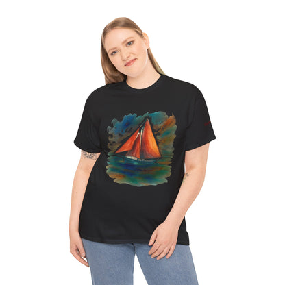 Galway Hooker, Painted Skies, Unisex Heavy Cotton Tee, Nautical Shirt, Ocean Lover Gift, Boating Apparel, Galway Bay Tee, Summer Fashion