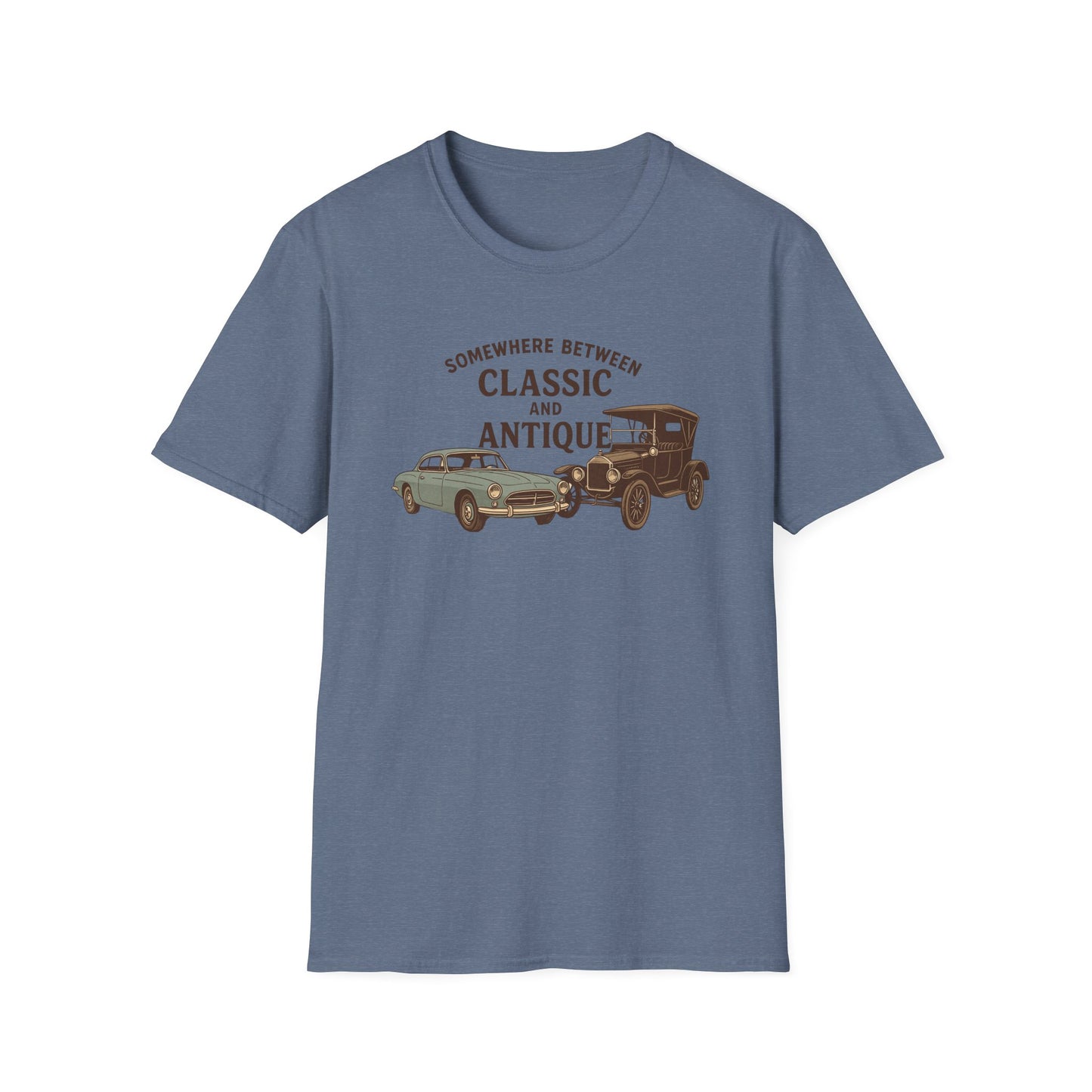 Personalized Classic Antique Car Tee – Vintage Car Graphic with Model Year Customization, "Somewhere Between Classic and Antique" Car T-Shirt – Personalized Model Year Custom Back