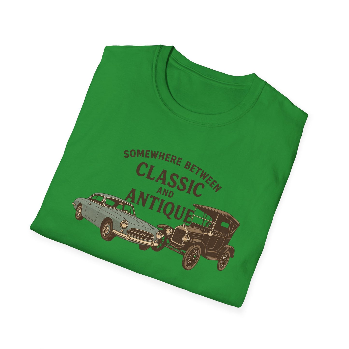 Personalized Classic Antique Car Tee – Vintage Car Graphic with Model Year Customization, "Somewhere Between Classic and Antique" Car T-Shirt – Personalized Model Year Custom Back