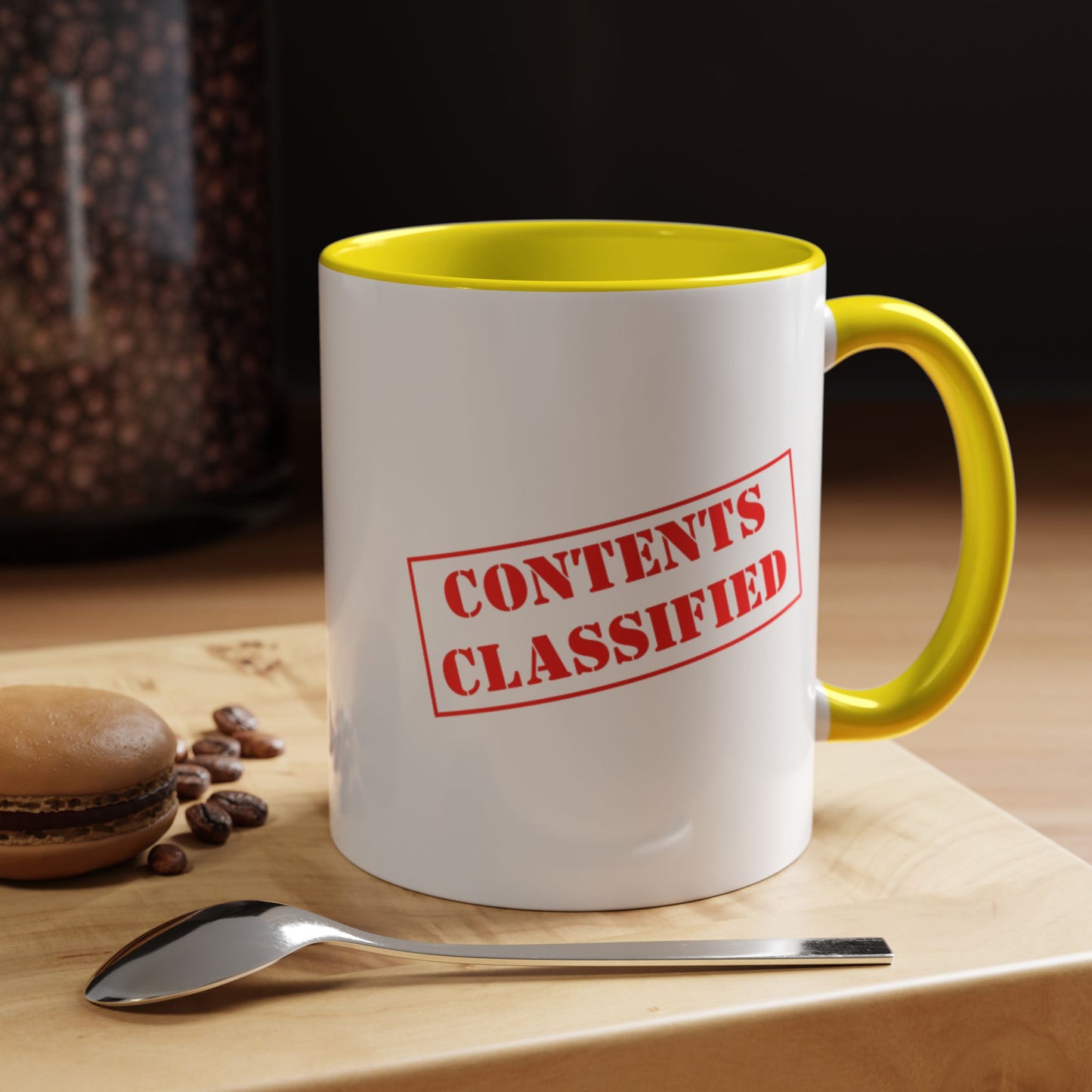 Accent Coffee Mug (11, 15oz) - Contents Classified, Funny, Adult Humor, Coffee or Liquor