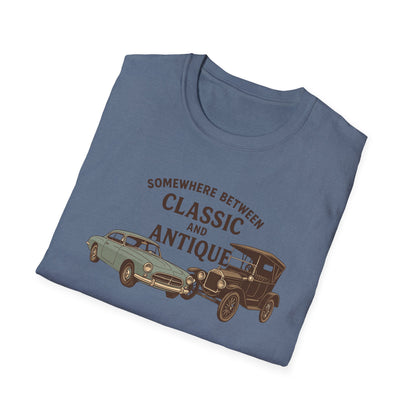 Personalized Classic Antique Car Tee – Vintage Car Graphic with Model Year Customization, "Somewhere Between Classic and Antique" Car T-Shirt – Personalized Model Year Custom Back