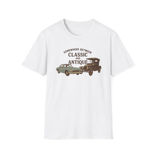 Personalized Classic Antique Car Tee – Vintage Car Graphic with Model Year Customization, "Somewhere Between Classic and Antique" Car T-Shirt – Personalized Model Year Custom Back