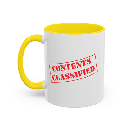 Accent Coffee Mug (11, 15oz) - Contents Classified, Funny, Adult Humor, Coffee or Liquor