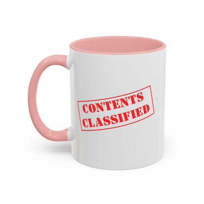 Accent Coffee Mug (11, 15oz) - Contents Classified, Funny, Adult Humor, Coffee or Liquor