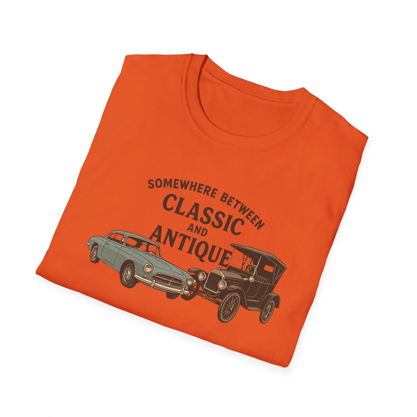 Personalized Classic Antique Car Tee – Vintage Car Graphic with Model Year Customization, "Somewhere Between Classic and Antique" Car T-Shirt – Personalized Model Year Custom Back
