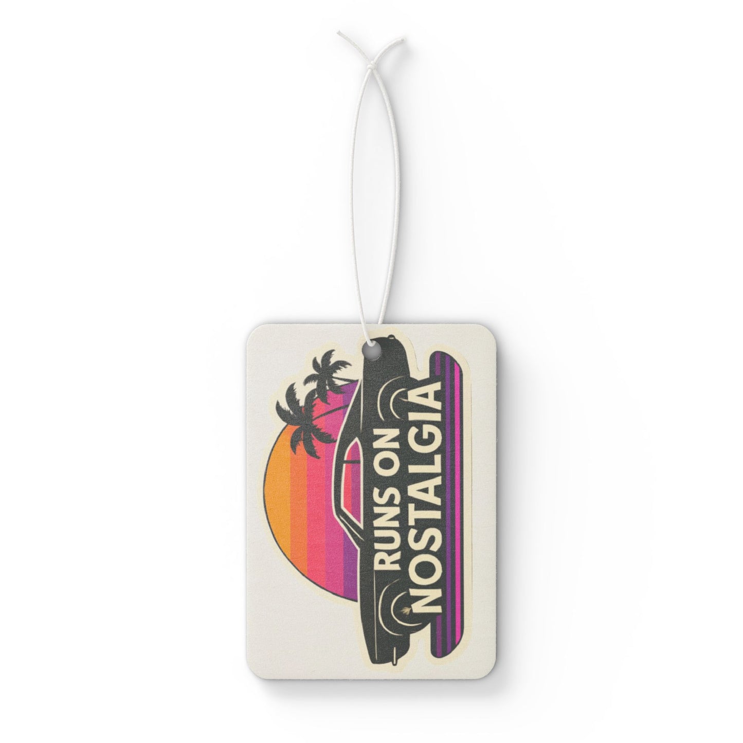 Car Air Freshener - Retro 1970s Muscle Car Silhouette with 'Runs on Nostalgia' Outrun Aesthetic