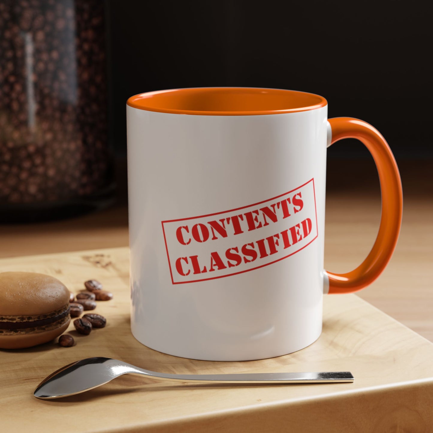 Accent Coffee Mug (11, 15oz) - Contents Classified, Funny, Adult Humor, Coffee or Liquor