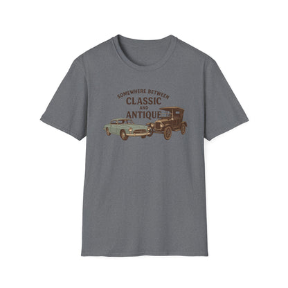 Personalized Classic Antique Car Tee – Vintage Car Graphic with Model Year Customization, "Somewhere Between Classic and Antique" Car T-Shirt – Personalized Model Year Custom Back