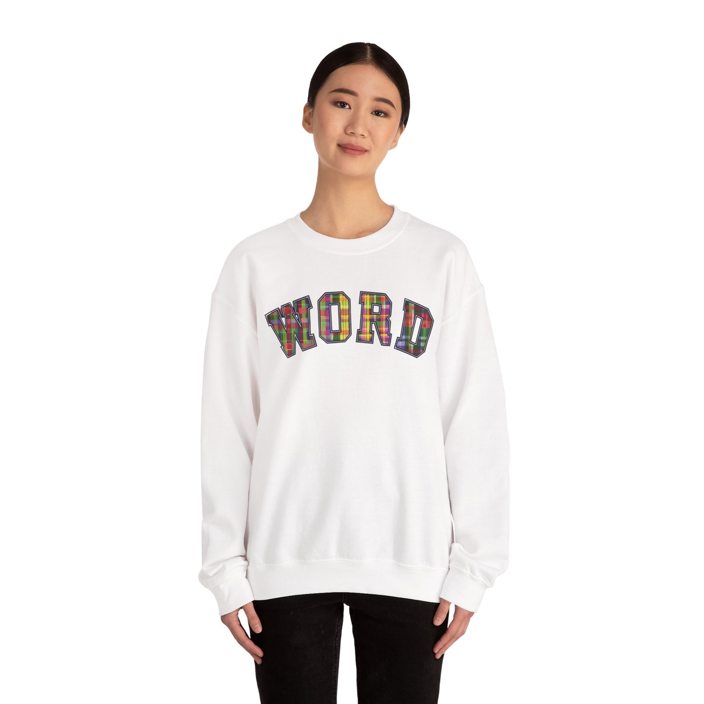 Colorful Word Sweatshirt, Cozy Graphic Pullover, Unisex Crewneck, Perfect for Casual Wear, Gift Idea for Friends, Back to School