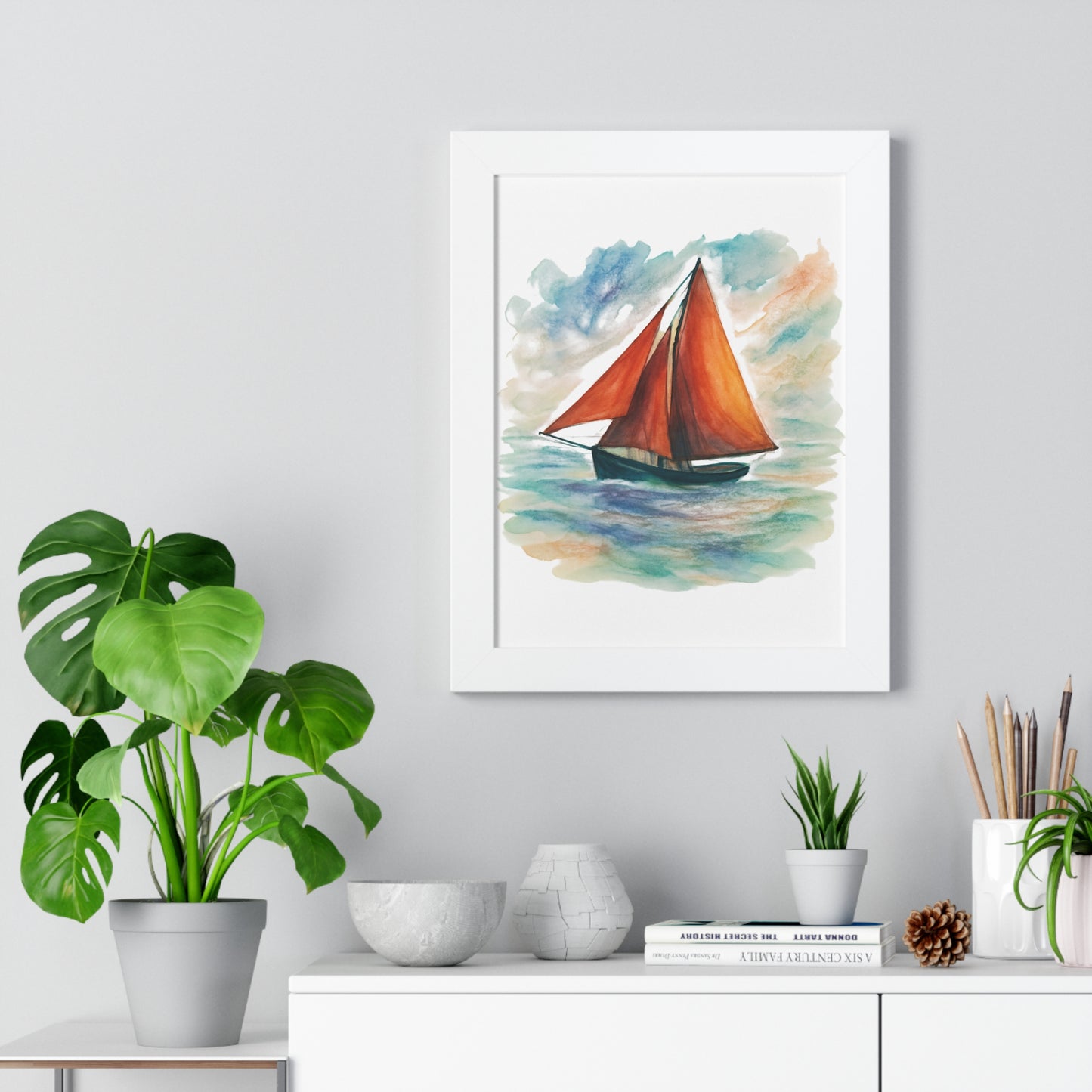 Galway Hooker Seascape Framed Vertical Poster, Nautical Wall Art, Coastal Decor, Sailboat Print, Gift for Ocean Lovers, Home and Living Decoration