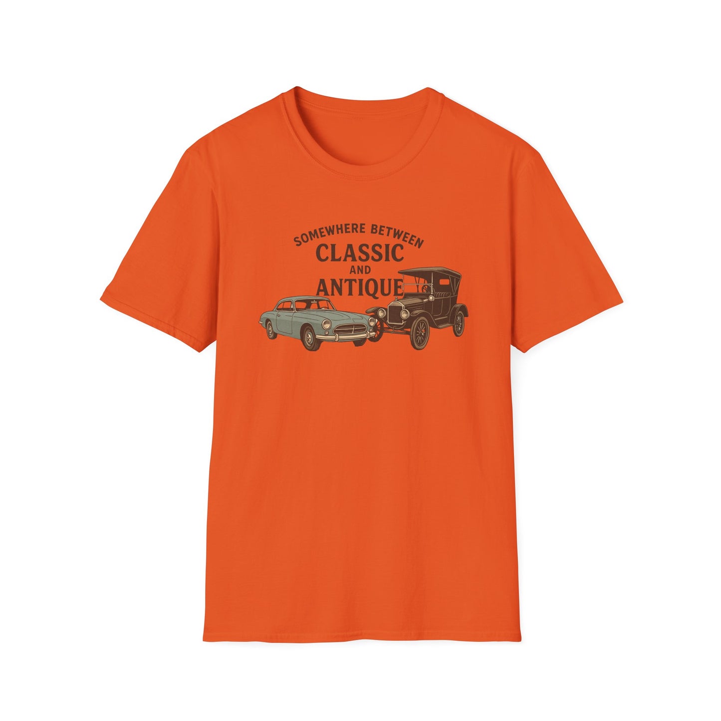 Personalized Classic Antique Car Tee – Vintage Car Graphic with Model Year Customization, "Somewhere Between Classic and Antique" Car T-Shirt – Personalized Model Year Custom Back