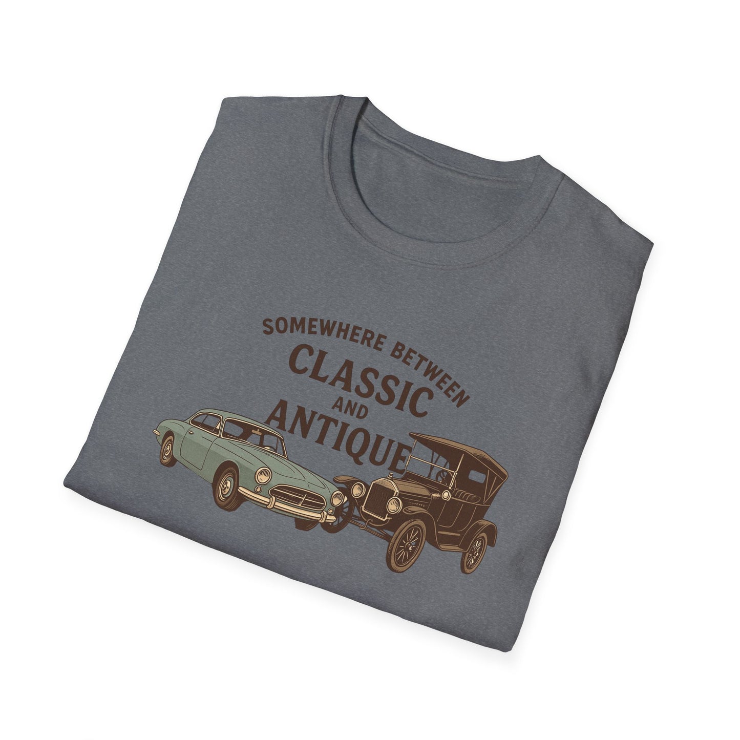 Personalized Classic Antique Car Tee – Vintage Car Graphic with Model Year Customization, "Somewhere Between Classic and Antique" Car T-Shirt – Personalized Model Year Custom Back