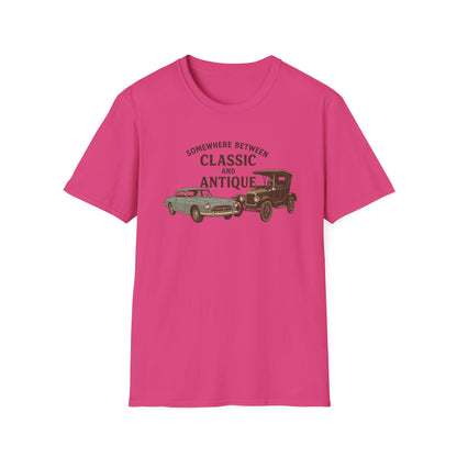 Personalized Classic Antique Car Tee – Vintage Car Graphic with Model Year Customization, "Somewhere Between Classic and Antique" Car T-Shirt – Personalized Model Year Custom Back