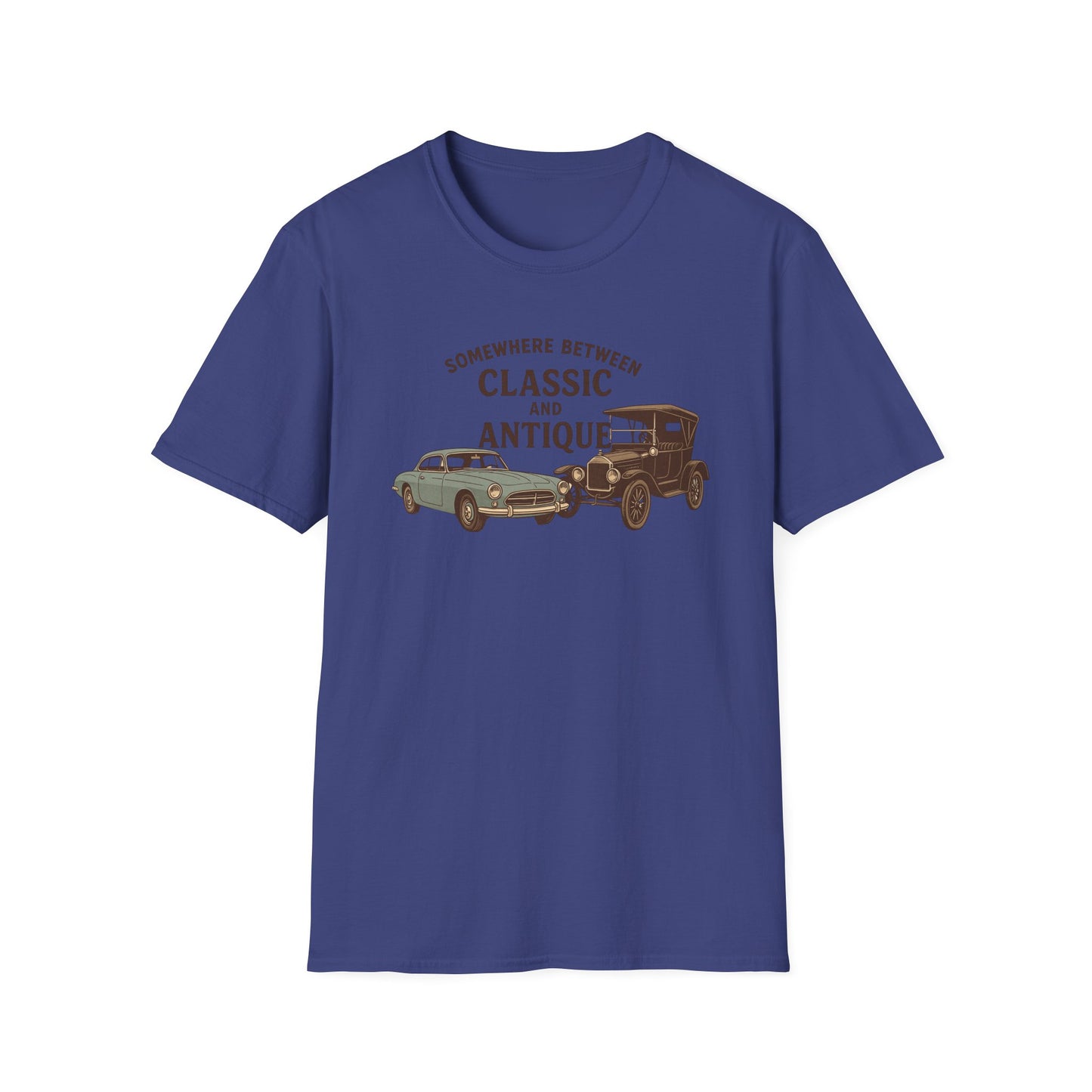 Personalized Classic Antique Car Tee – Vintage Car Graphic with Model Year Customization, "Somewhere Between Classic and Antique" Car T-Shirt – Personalized Model Year Custom Back