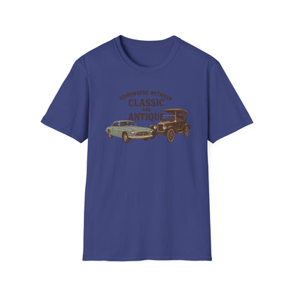 Personalized Classic Antique Car Tee – Vintage Car Graphic with Model Year Customization, "Somewhere Between Classic and Antique" Car T-Shirt – Personalized Model Year Custom Back