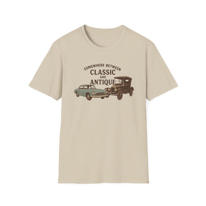 Personalized Classic Antique Car Tee – Vintage Car Graphic with Model Year Customization, "Somewhere Between Classic and Antique" Car T-Shirt – Personalized Model Year Custom Back
