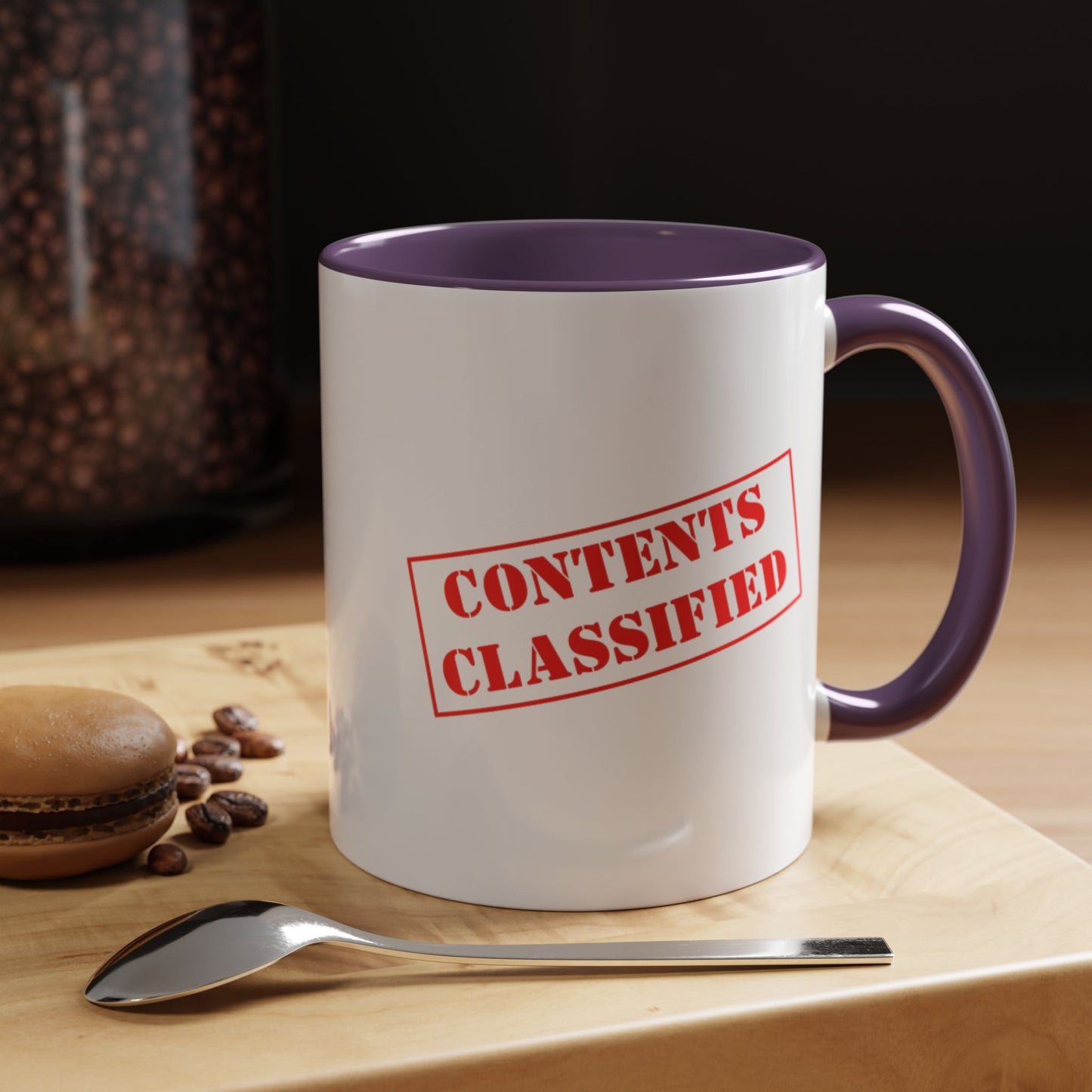 Accent Coffee Mug (11, 15oz) - Contents Classified, Funny, Adult Humor, Coffee or Liquor